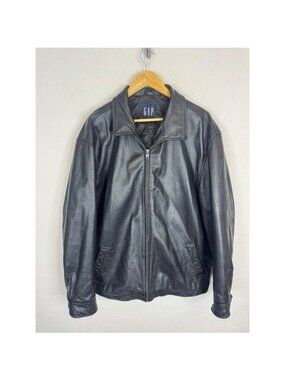 Vintage 90s Gap Mens XL Black Genuine Leather Jacket Quilted Lined Bomber